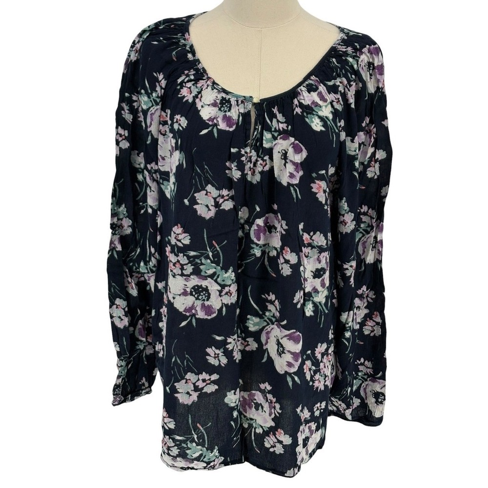 Chaps Blouse Navy Blue Floral Peasant Long Sleeve XL